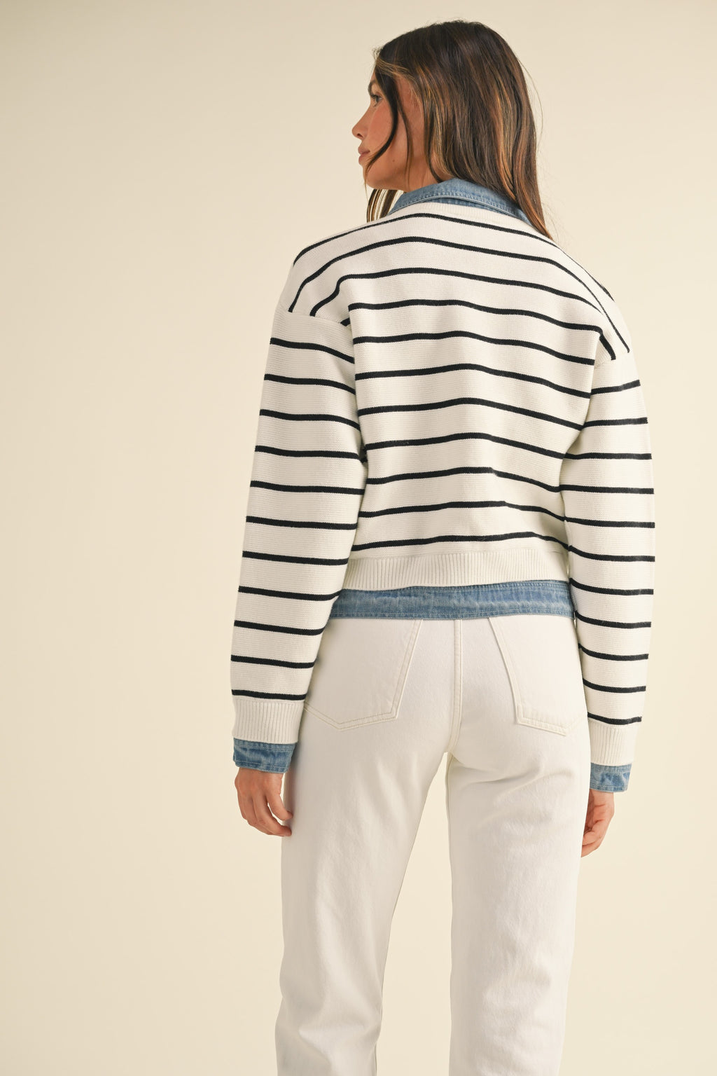 Stripe Knit and Denim Mix Cardigan—Cream/Black