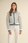 Stripe Knit and Denim Mix Cardigan—Cream/Black