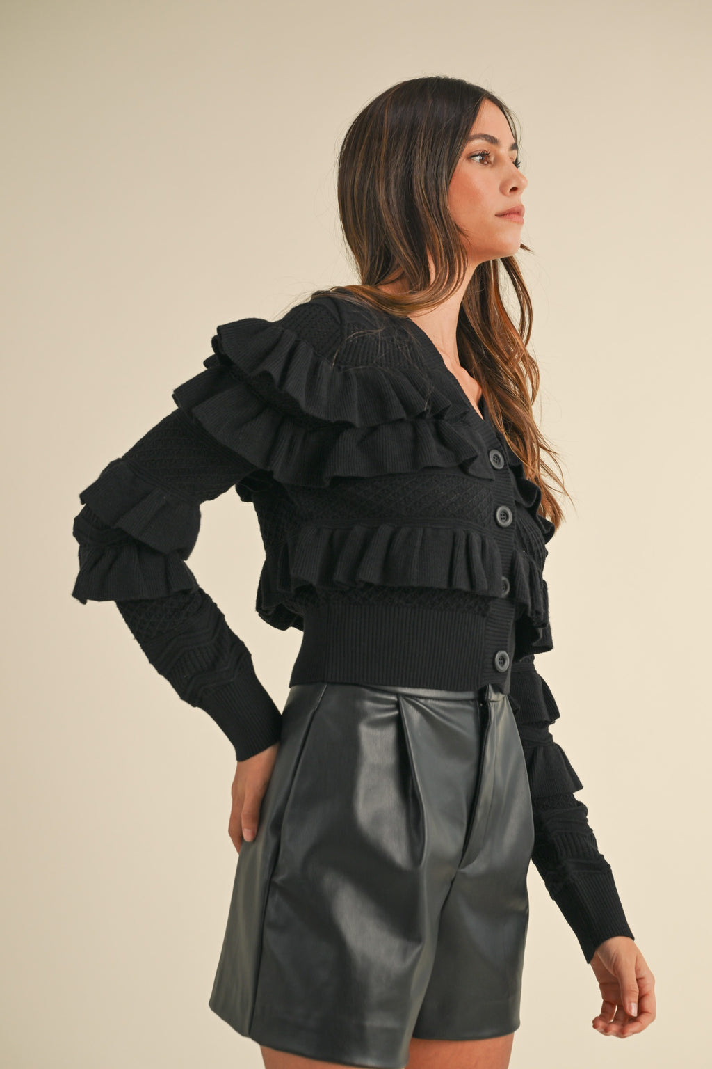 Ruffled V-Neck Cardigan- Black