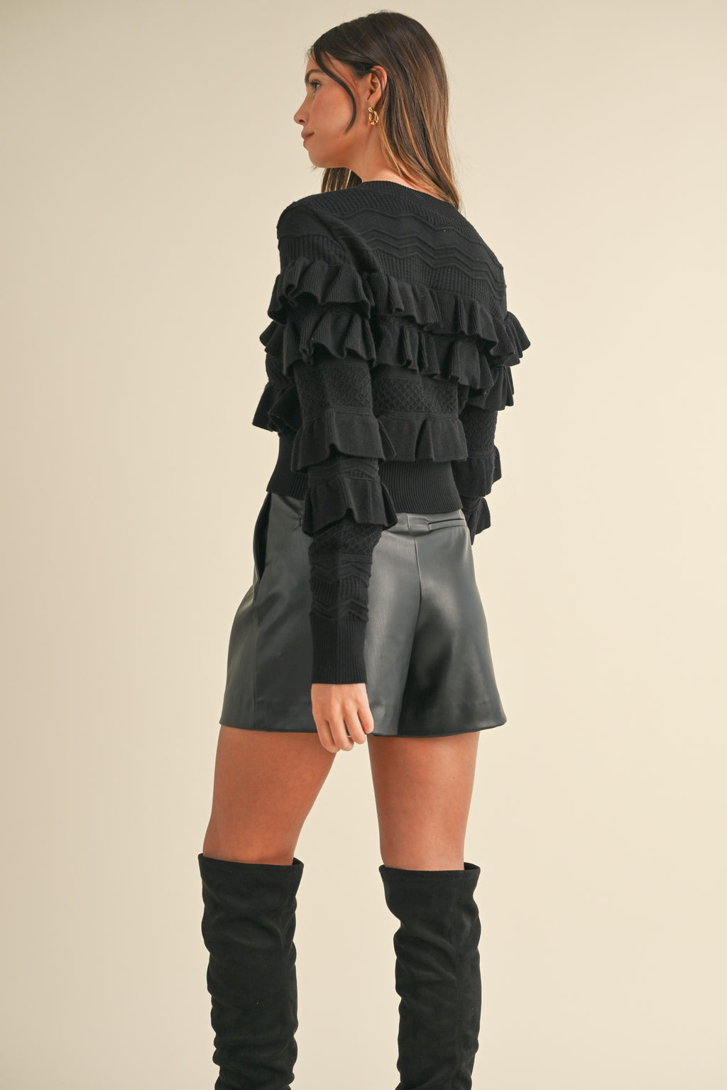 Ruffled V-Neck Cardigan- Black