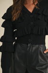 Ruffled V-Neck Cardigan- Black