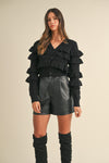 Ruffled V-Neck Cardigan- Black