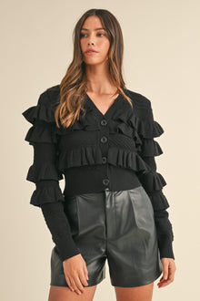 Ruffled V-Neck Cardigan- Black