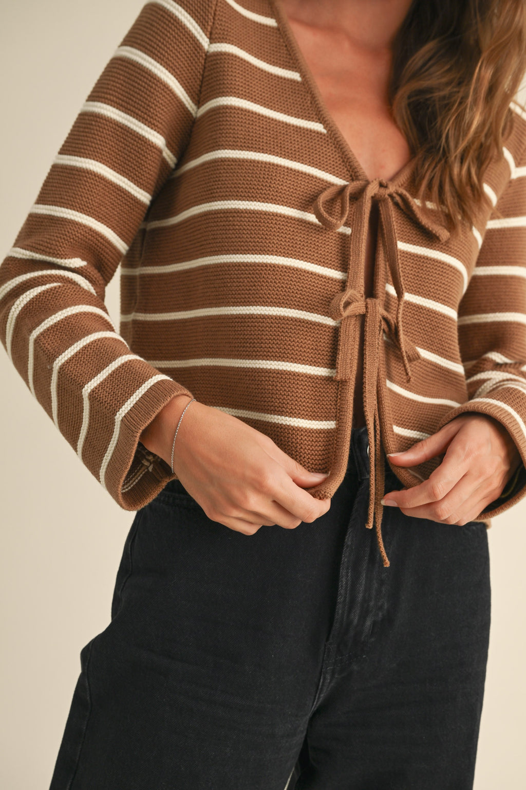 Striped Bow-Tie Front Cardigan- Mocha/White