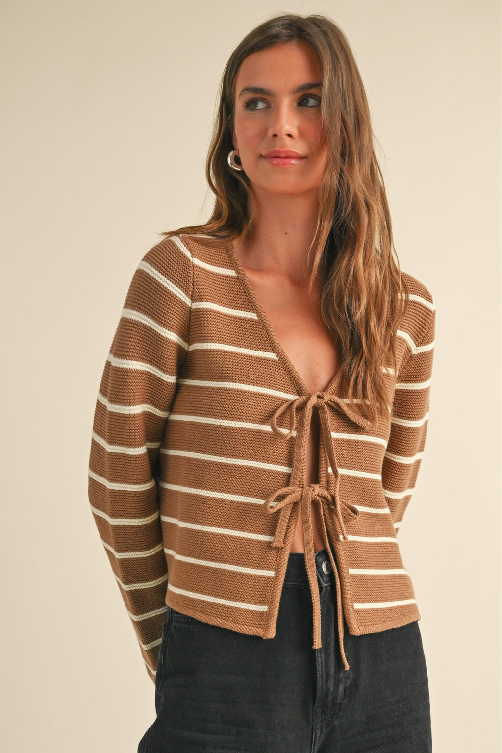 Striped Bow-Tie Front Cardigan- Mocha/White