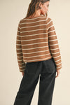 Striped Bow-Tie Front Cardigan- Mocha/White