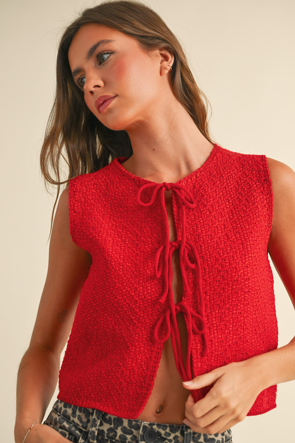 Knitted Tied Front Sweater Vest Cardi- Red