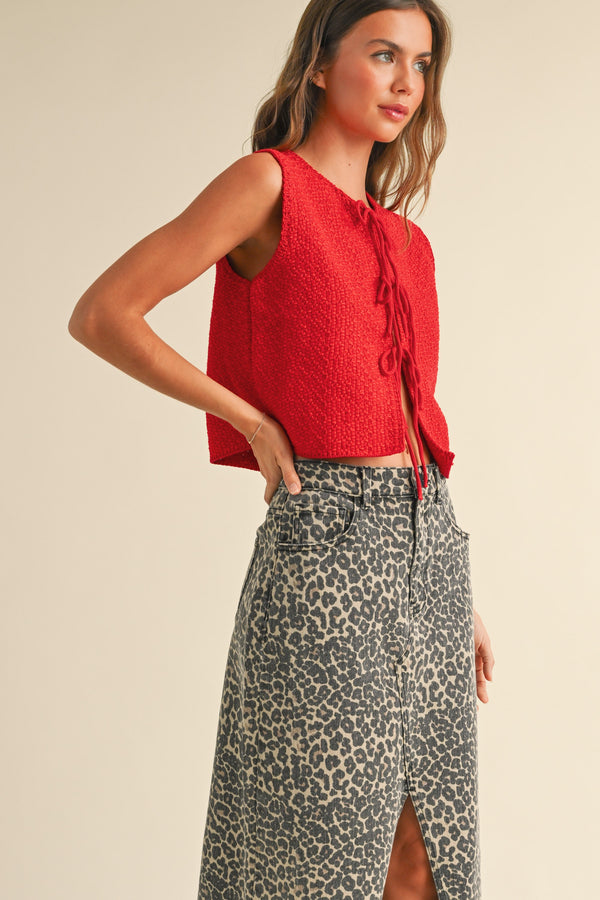 Knitted Tied Front Sweater Vest Cardi- Red