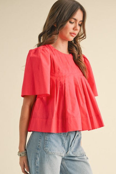 Pleated Short Sleeve Blouse- Cerise Pink