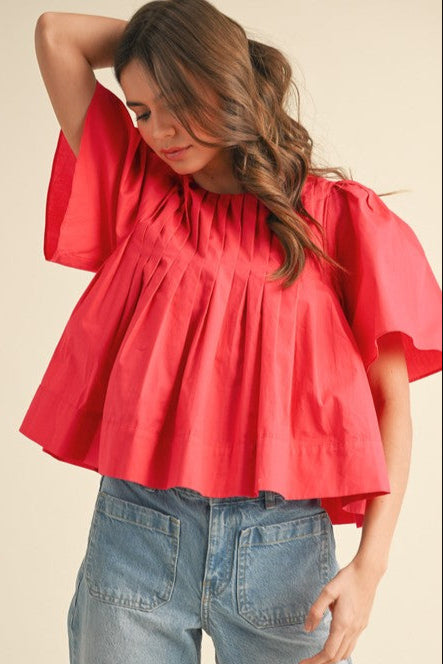 Pleated Short Sleeve Blouse- Cerise Pink