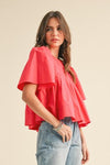 Pleated Short Sleeve Blouse- Cerise Pink