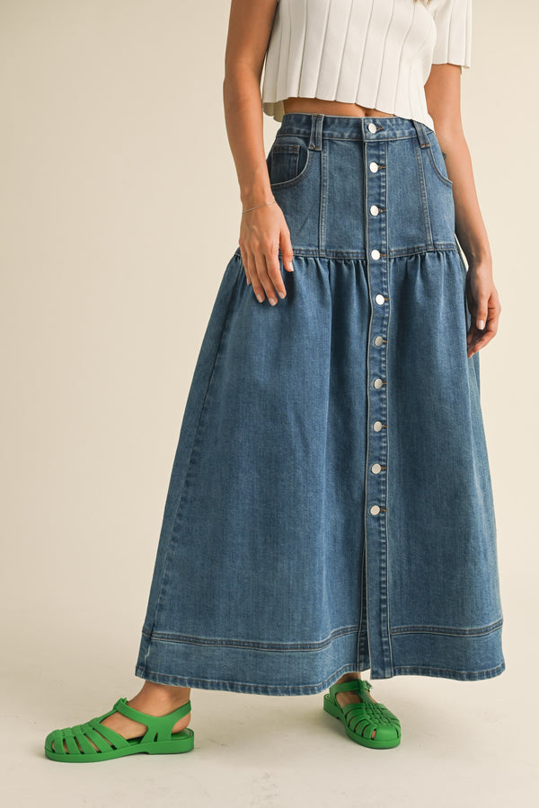 Button Front Bohemian Denim Skirt