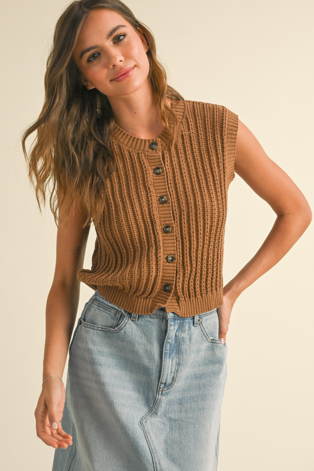 Button Front Crochet Vest- Brown