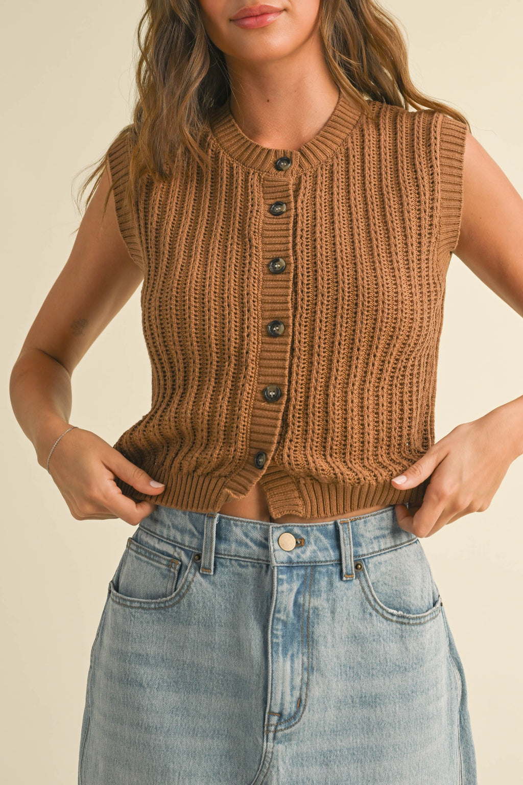 Button Front Crochet Vest- Brown