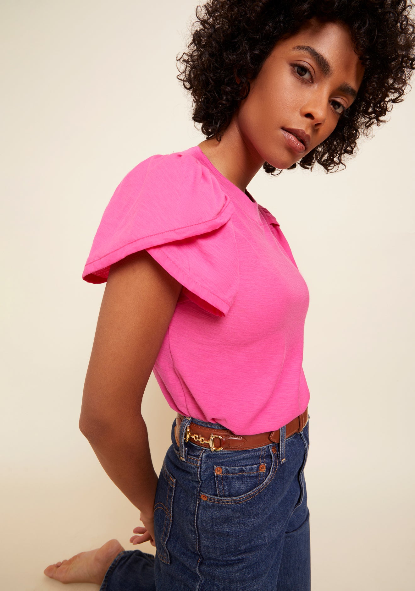 Kennedy Contrast Tulip Sleeve Tee- Girl Crush Pink