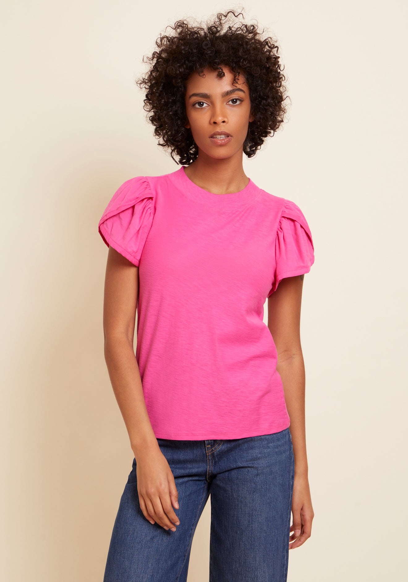 Kennedy Contrast Tulip Sleeve Tee- Girl Crush Pink