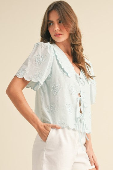 Tie Front Collared Lace Top- Light Blue