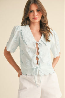 Tie Front Collared Lace Top- Light Blue