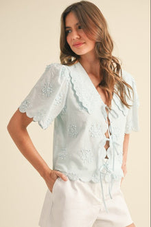 Tie Front Collared Lace Top- Light Blue