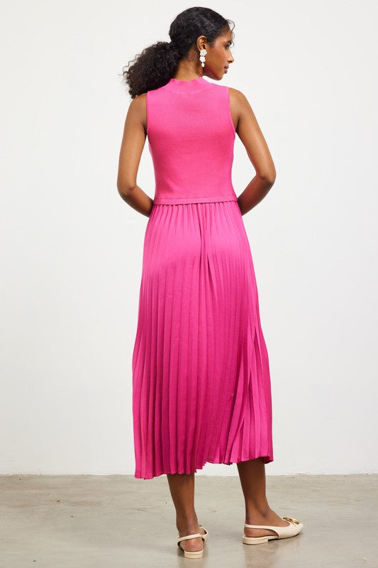 Pleated Contrast Midi Dress- Pink