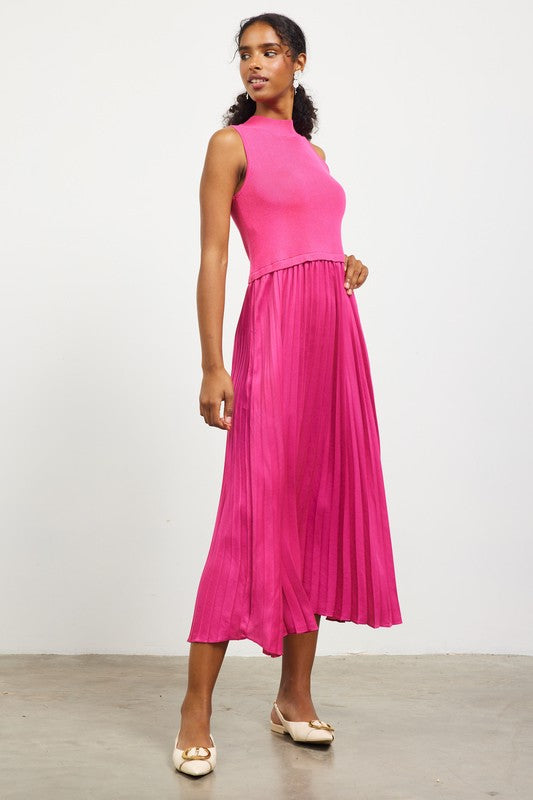 Pleated Contrast Midi Dress- Pink **Final Sale**
