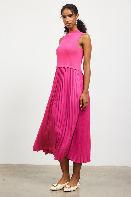 Pleated Contrast Midi Dress- Pink