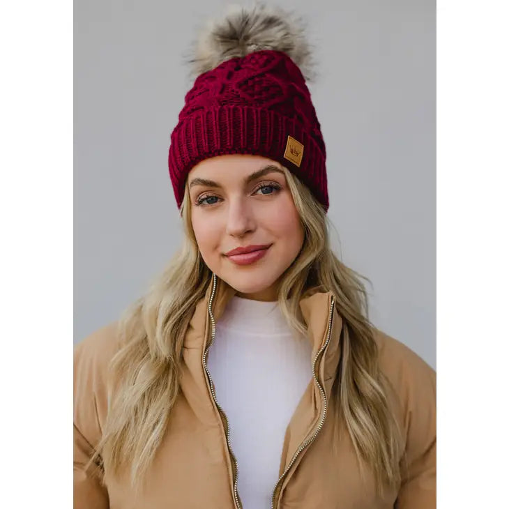 Burgundy Cable Knit Pom Hat