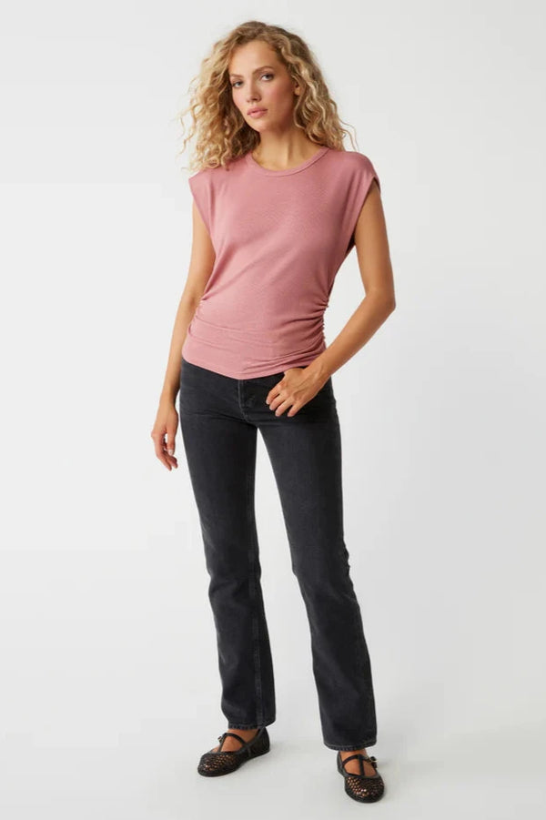 Joni Crew Neck Power Shoulder Top- Berrywood