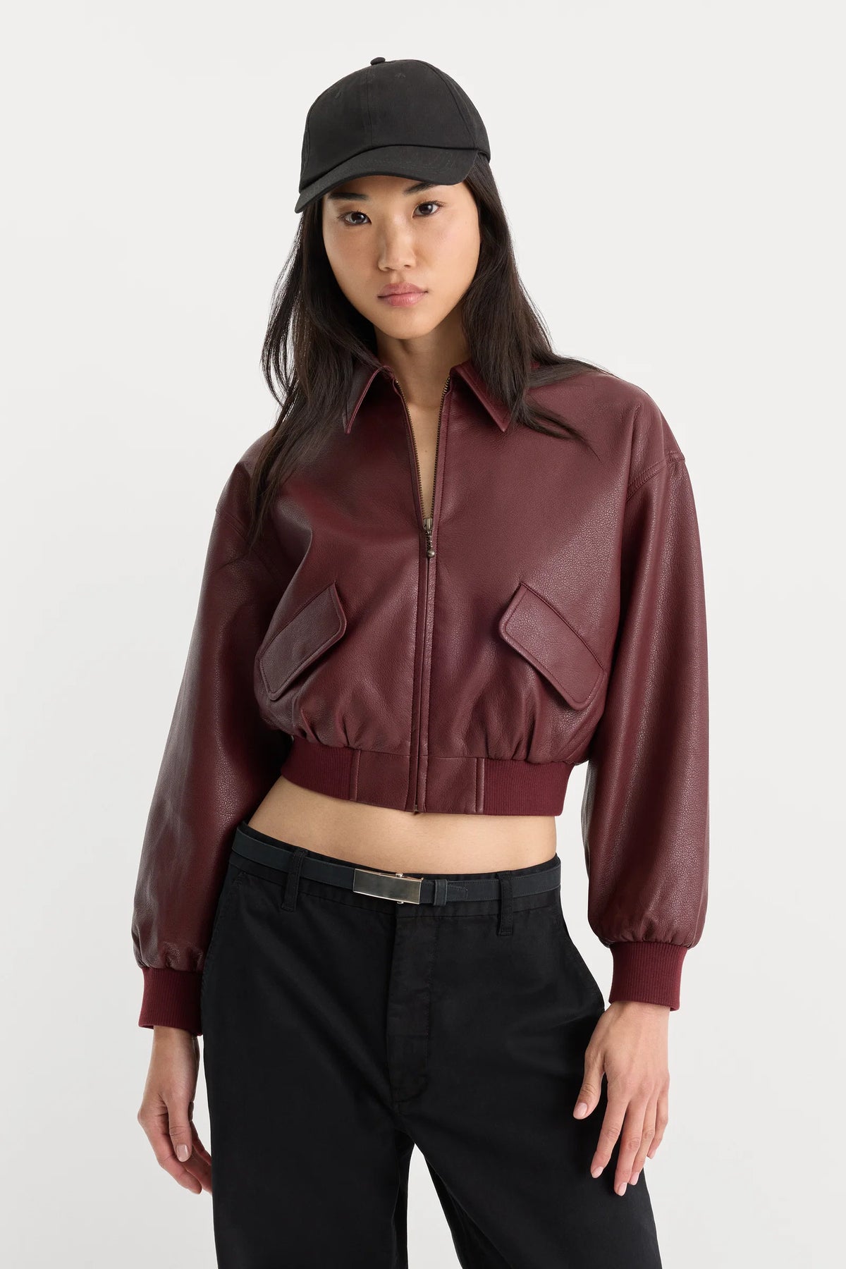 The Better Than Leather Cropped Bomber in Berry Noir