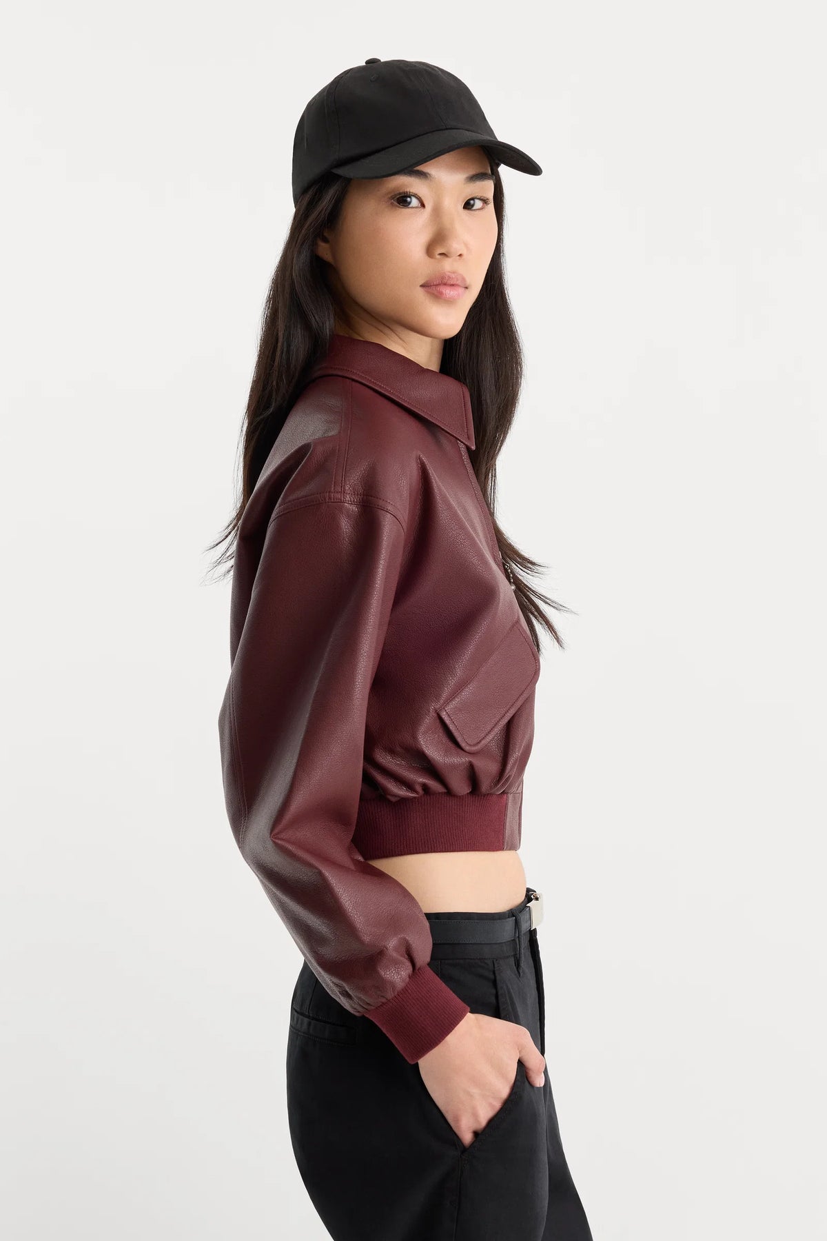 The Better Than Leather Cropped Bomber in Berry Noir