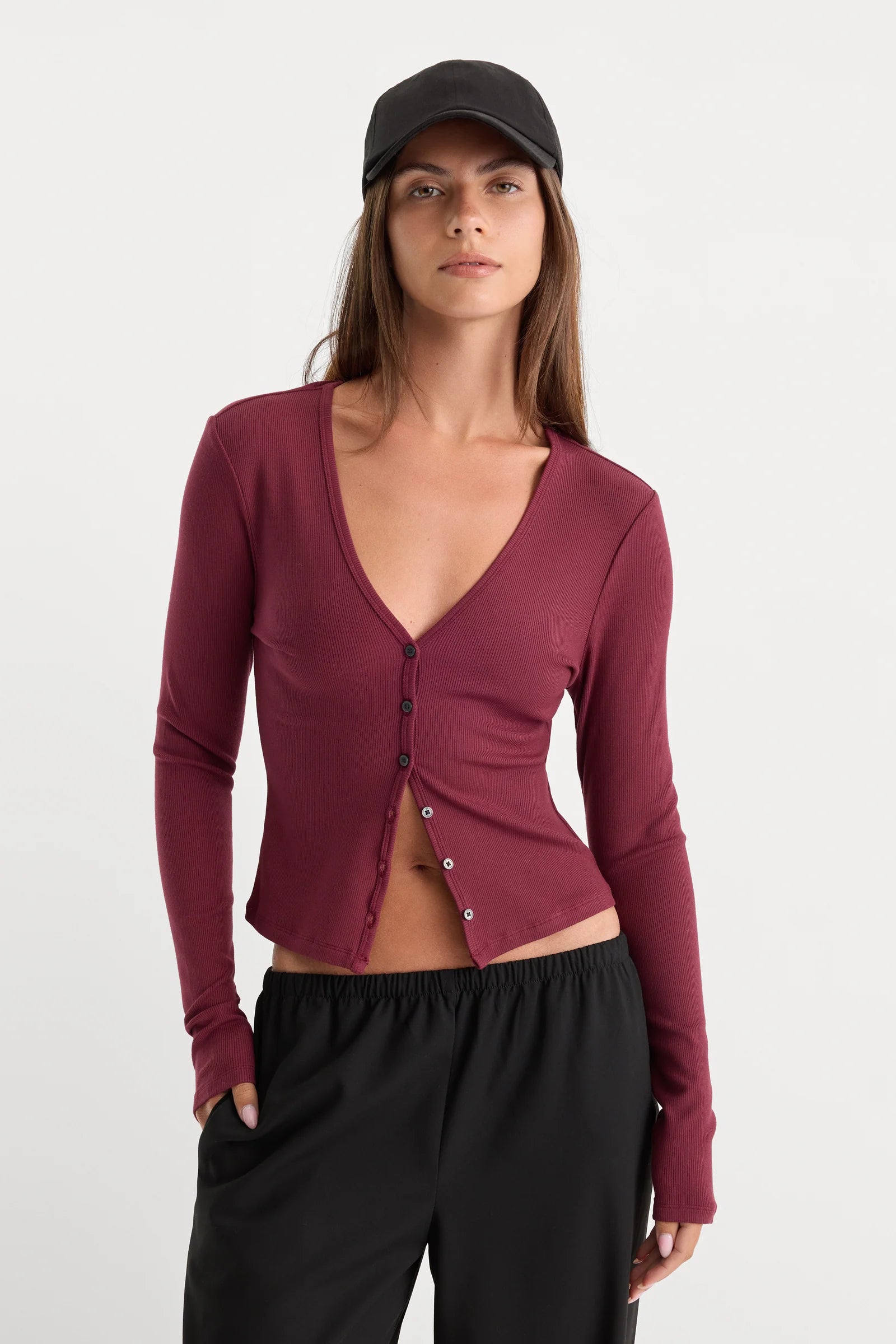 The Rib V Neck Cardigan- Berry Noir