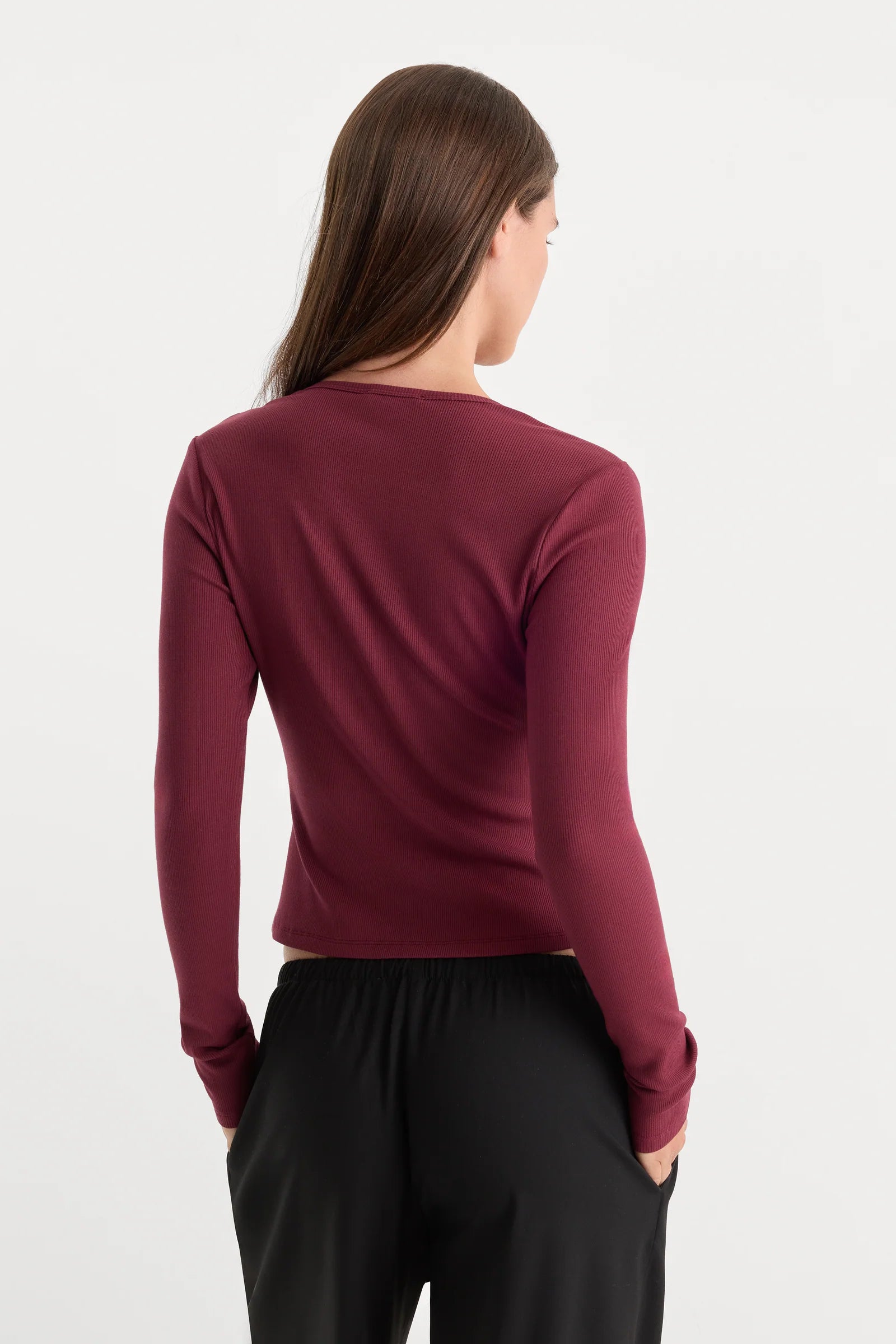 The Rib V Neck Cardigan- Berry Noir