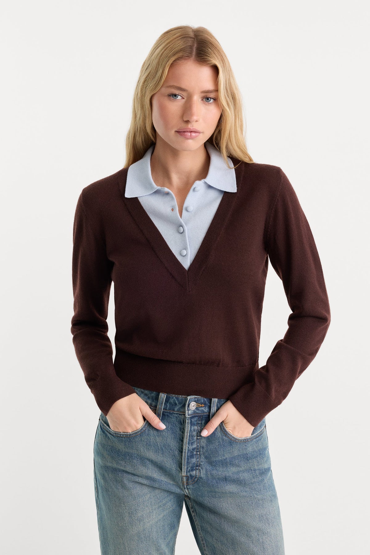 The Two in One Sweater in Mocha with Sky