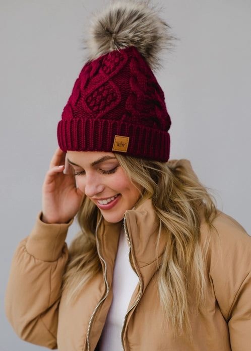 Burgundy Cable Knit Pom Hat