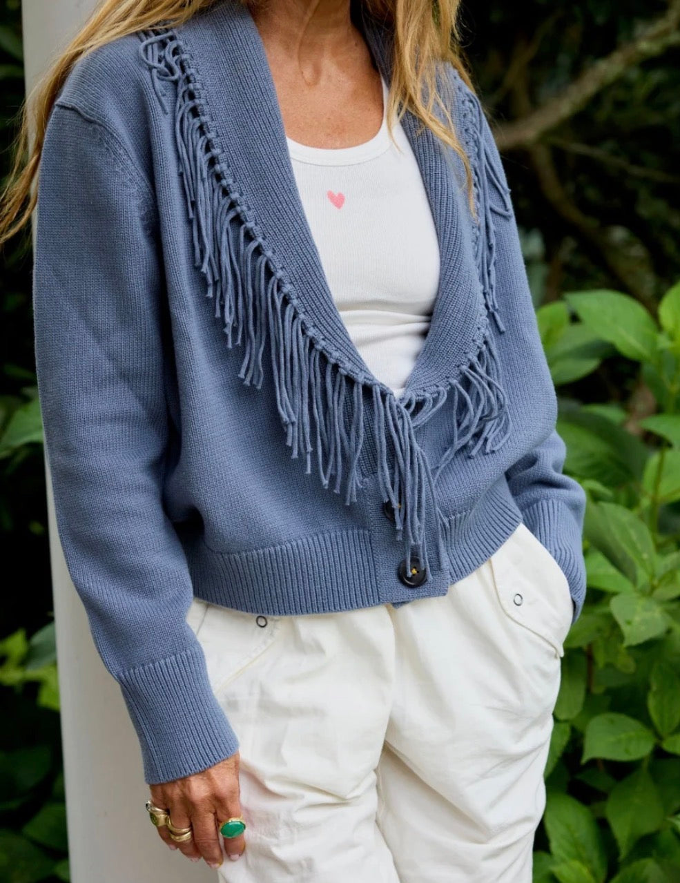 Fringe Shawl Collar Love Cardigan in Denim Blue