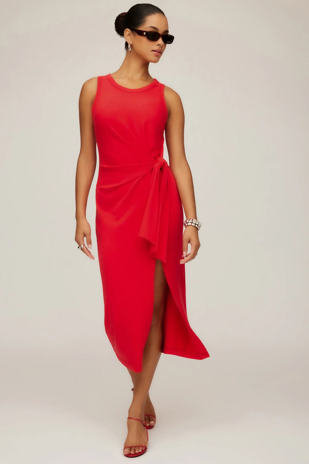 Maddie Side Knot Midi Dress- Cherry Red
