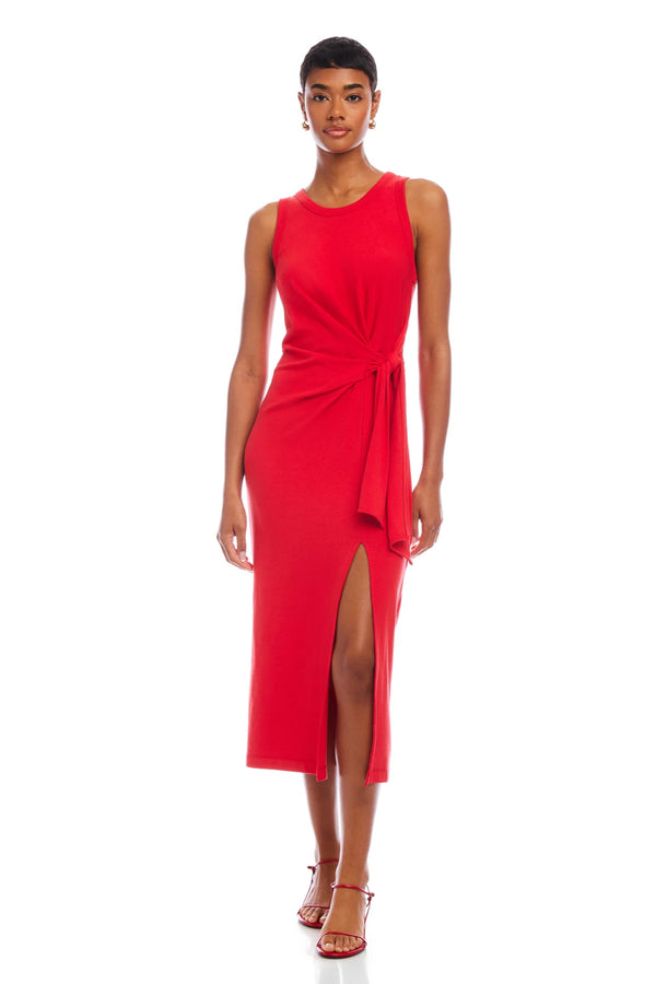 Maddie Side Knot Midi Dress- Cherry Red