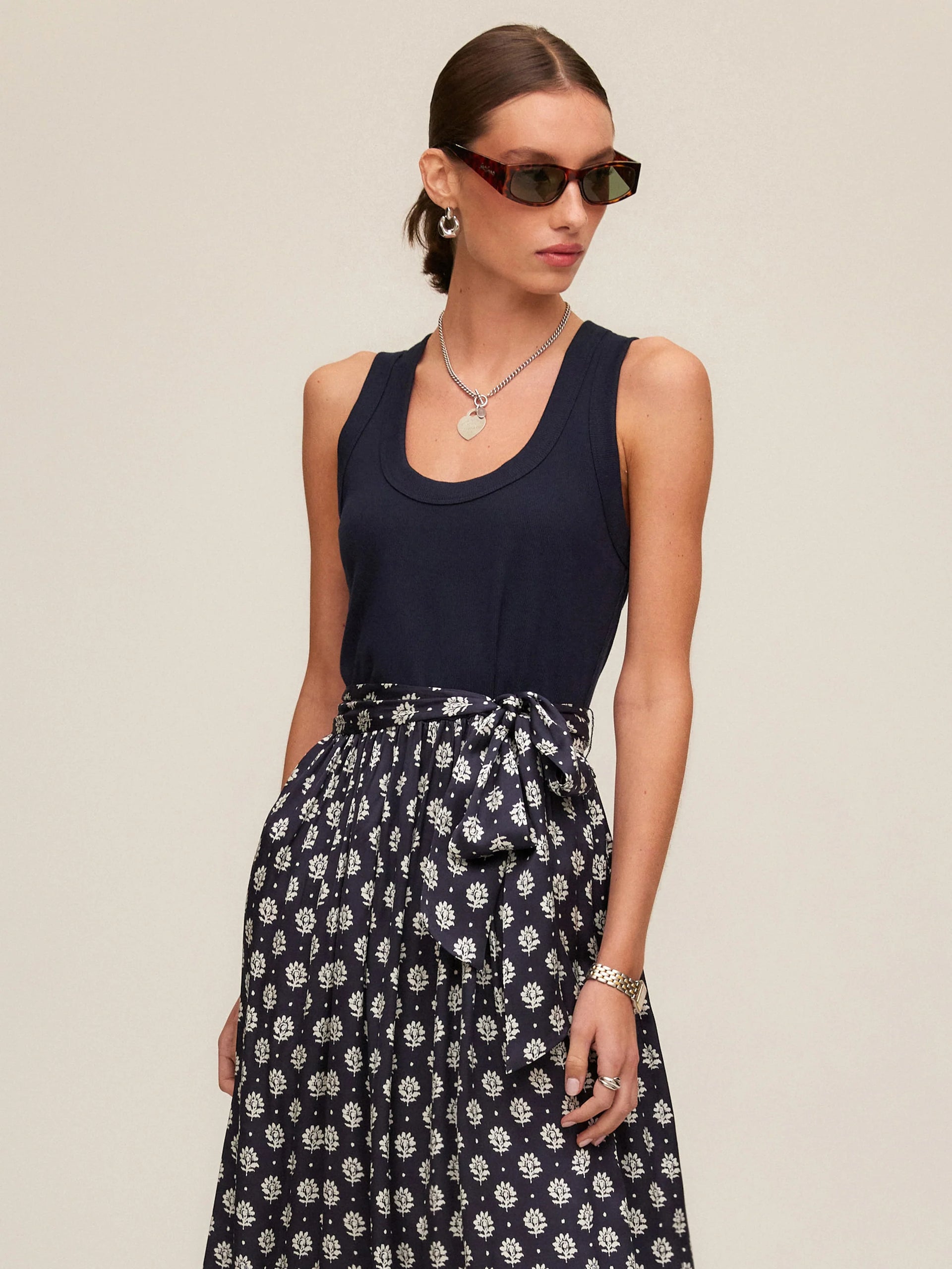 Contrast Belted Midi Dress- Navy