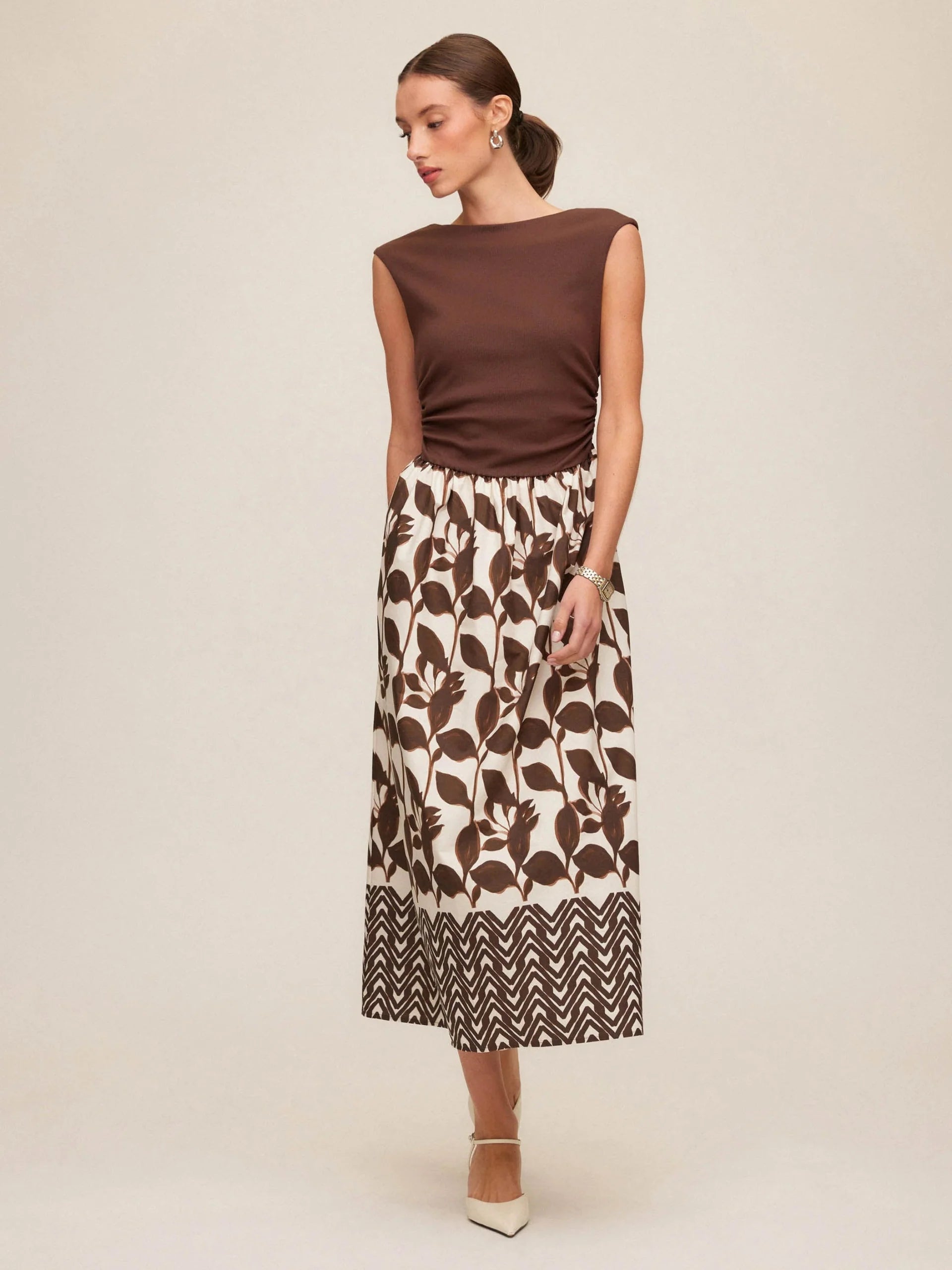 Carina Long Contrast Dress- Brown With Cream