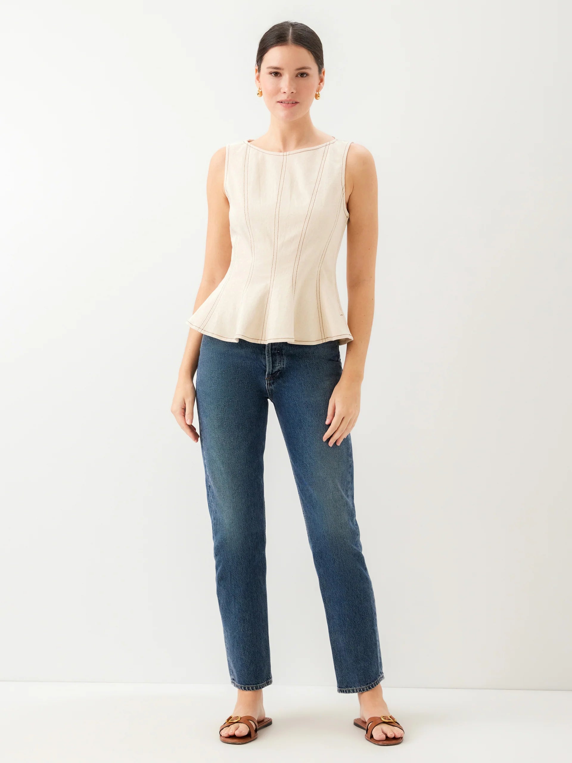 Zoyla Contrast Stitch Top- Natural