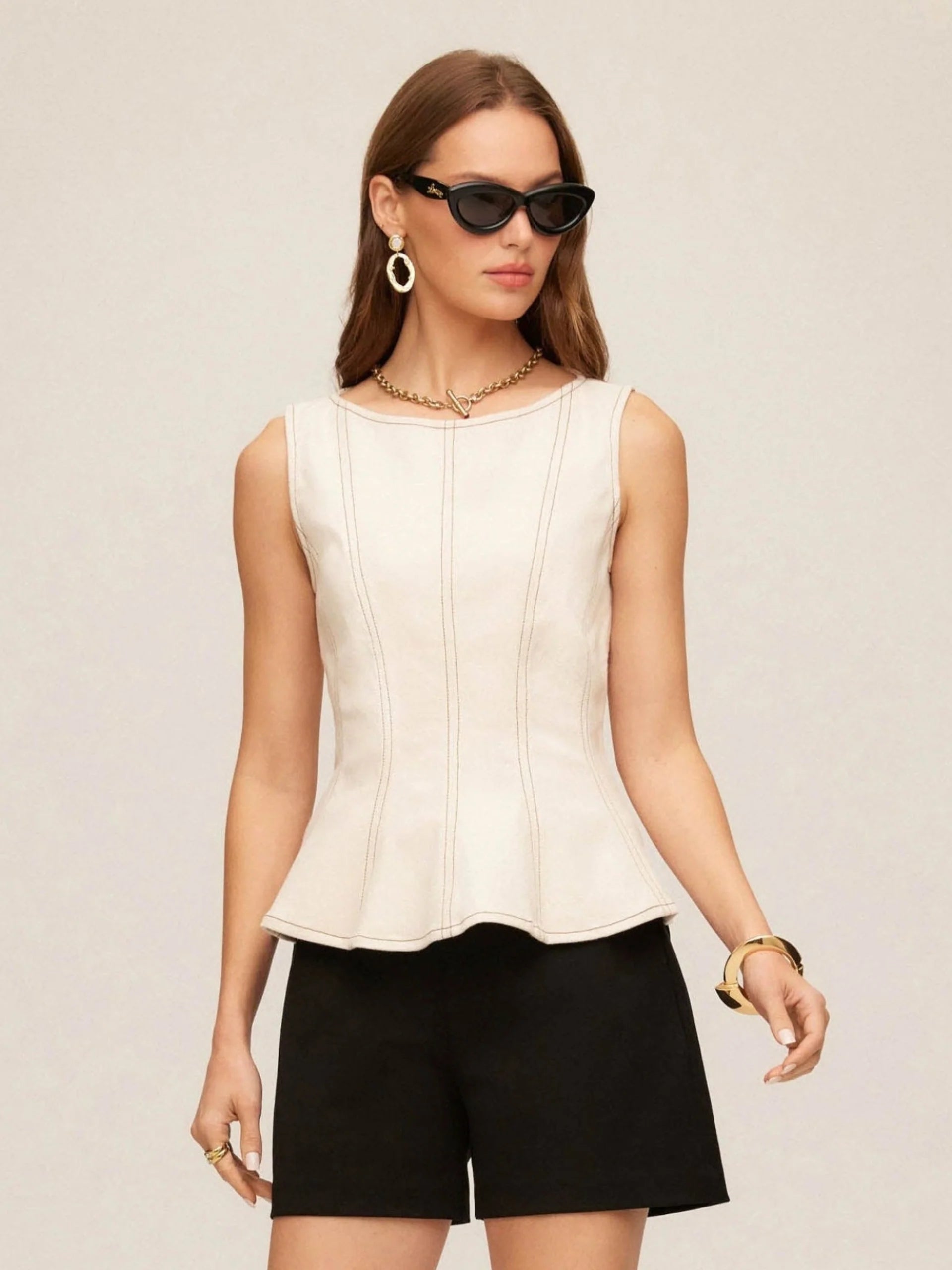Zoyla Contrast Stitch Top- Natural