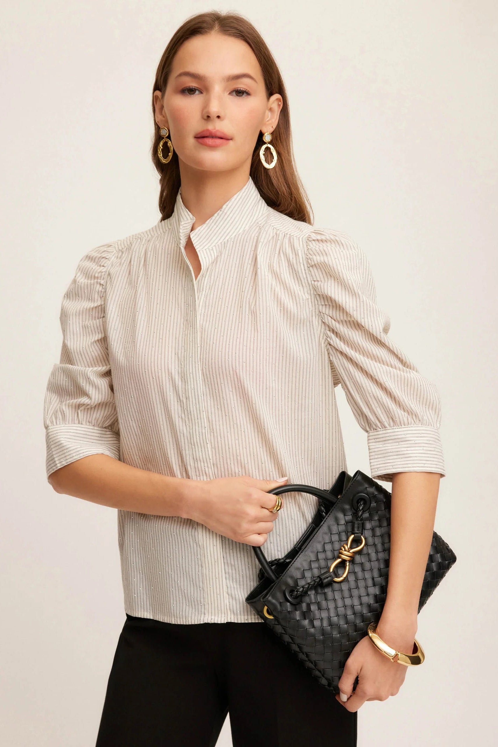 Margot Embellished Stripe Shirt- Off White With Black