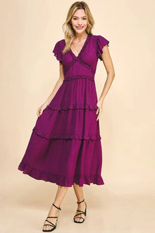 Ruffled Tea Length Dress- Deep Berry