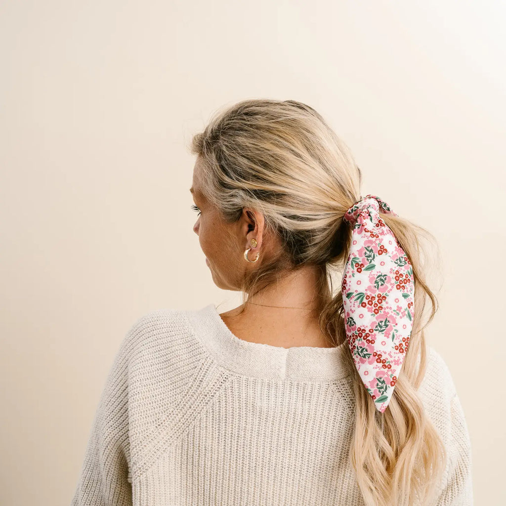 White and Pink Floral Hair Tie Scarf