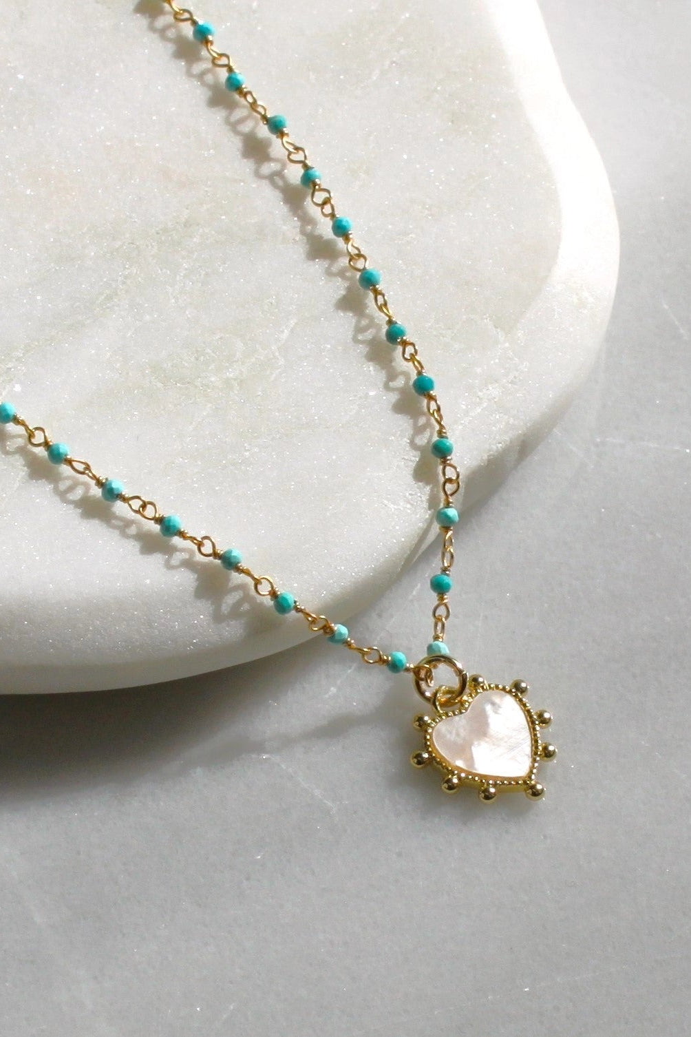 Turquoise Rosary and Heart Pendant Necklace- 16"