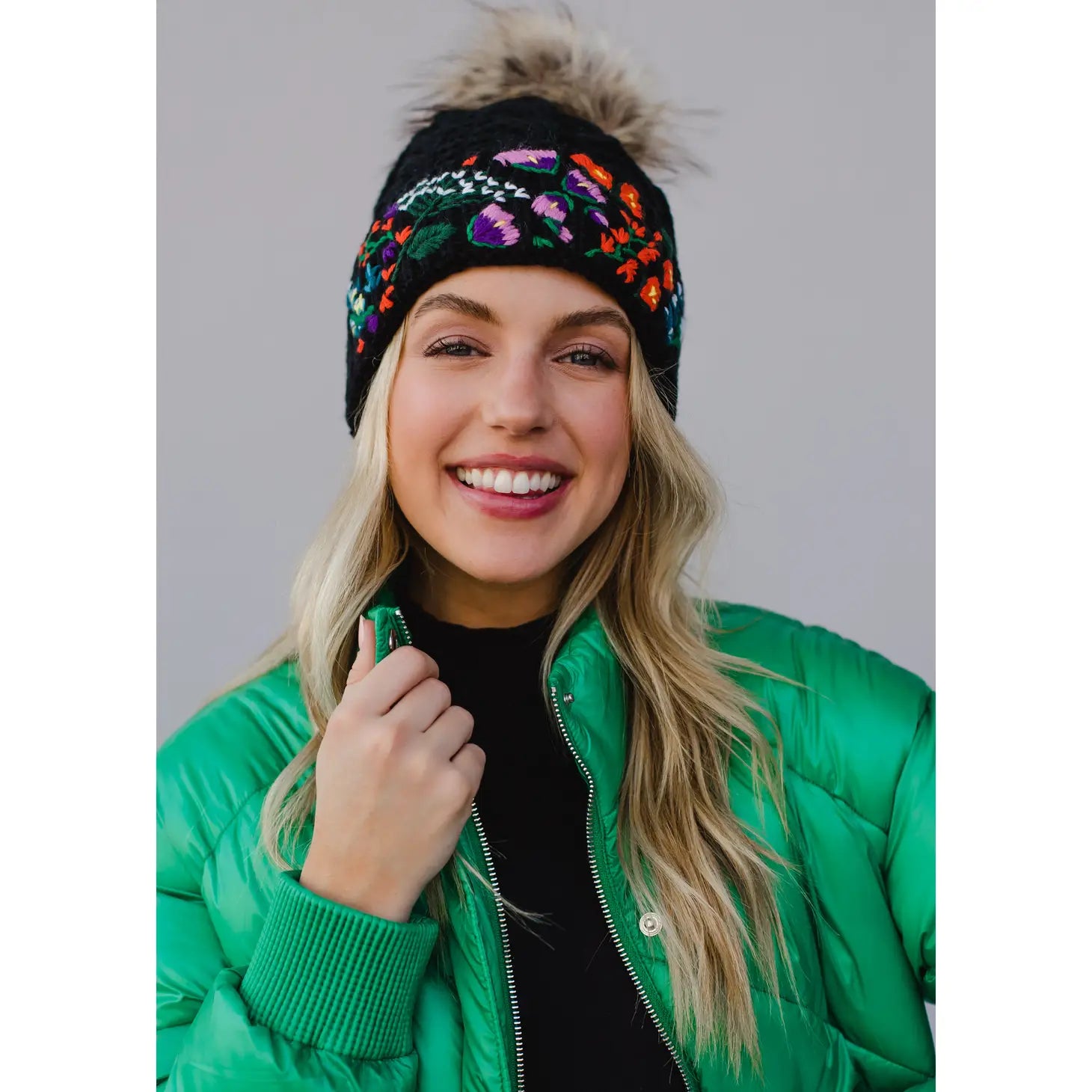 Floral Hand Stitched Cuff Pom Hat
