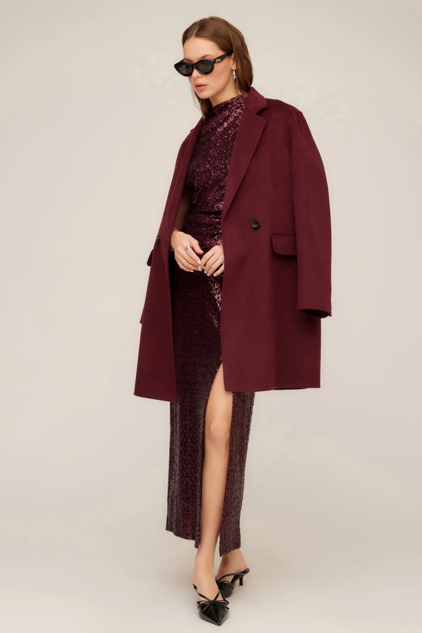Row Brushed Coat- Wine