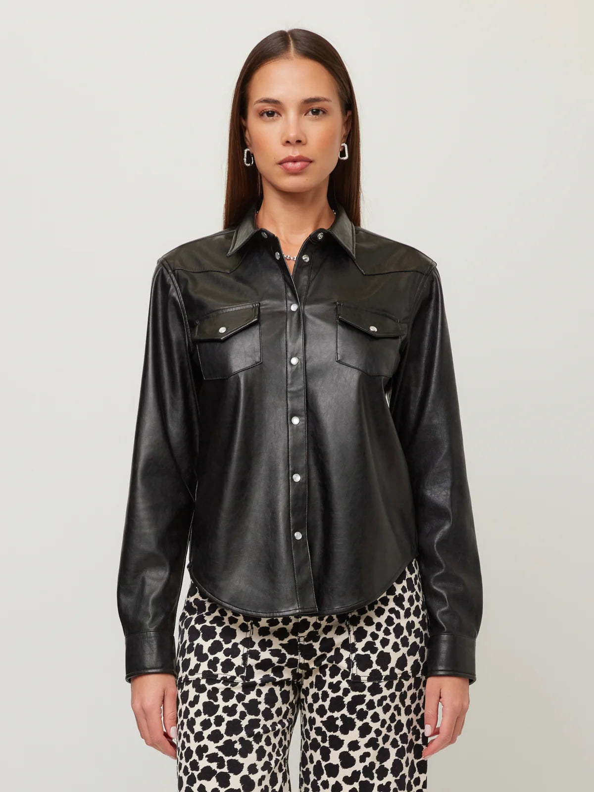 Anna Faux Leather Western Shirt- Black