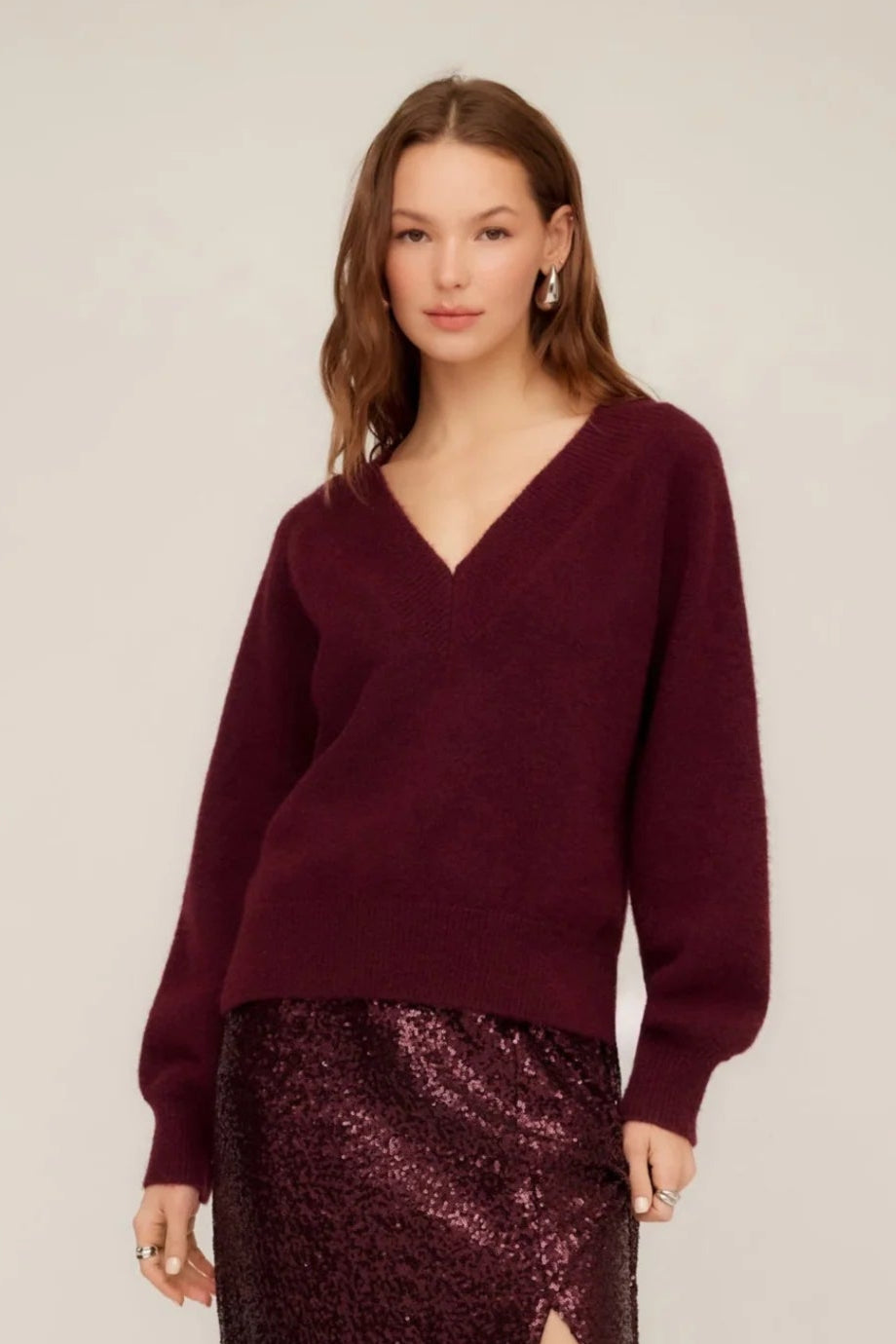 Heather V Neck Sweater- Wine