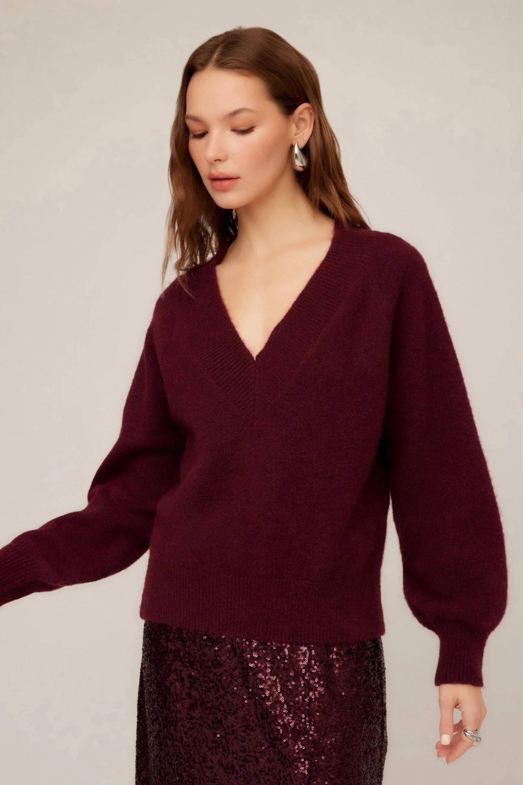 Heather V Neck Sweater- Wine